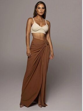 JLUXLABEL Pecan Brown Draped Maxi Skirt